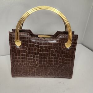 VINTAGE 1960’s Elegant Brown Crocodile-Embossed handbag with Gold Handles
